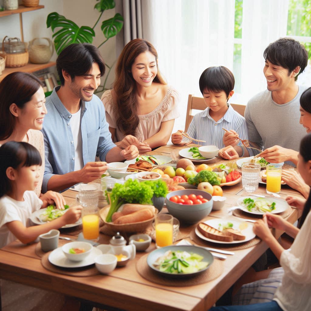 大きい座卓を囲んで家族団らんの様子